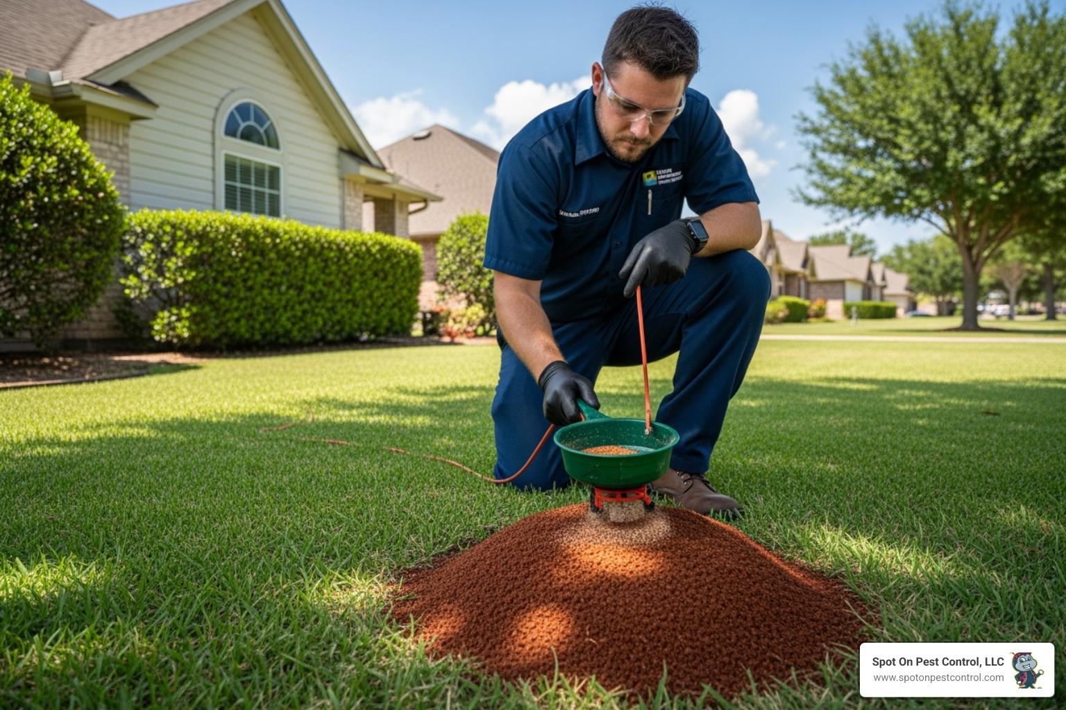 Fire ant mound on a Texas lawn before treatment