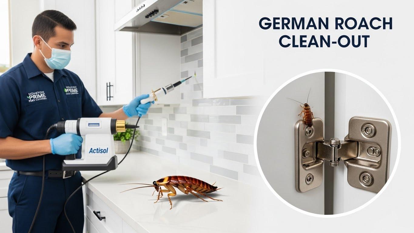 Technician performing an intensive roach cleanout in a kitchen